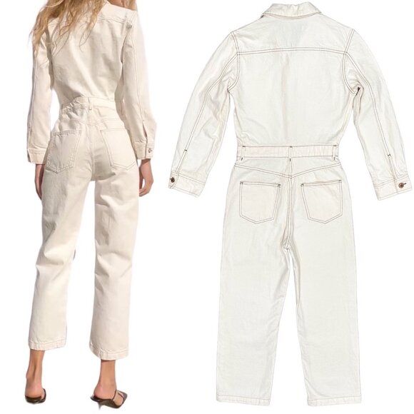 Zara Cotton Denim Jumpsuit Boilersuit with Contrast Topstitching in Ecru Size XS - Picture 2 of 16